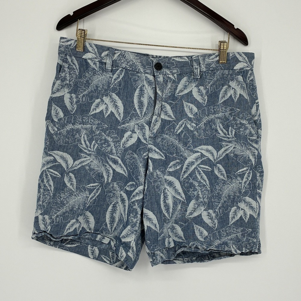 Banana Republic Mens Linen Blend Aiden Shorts 34 Blue Palm Leaves Khakis Casual